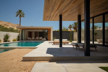 Fototapeta premium “Modern Luxury Villa with Pool, Wooden Deck, and Minimalist Architecture”