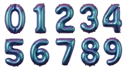 A collection of shiny blue and purple foil balloons shaped like numbers zero through nine, isolated on a transparent background
