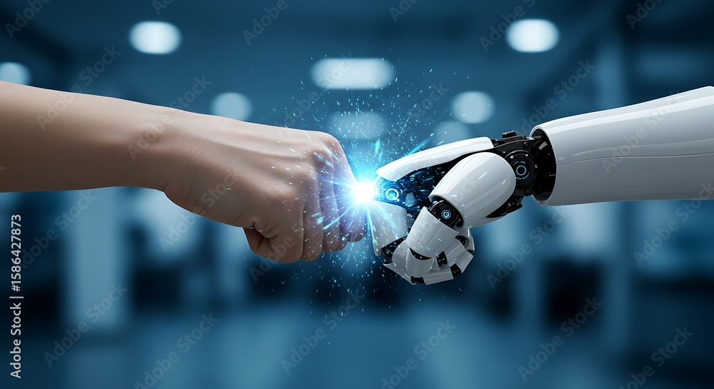 Poster a human and a robot fist bump in a display of collaboration