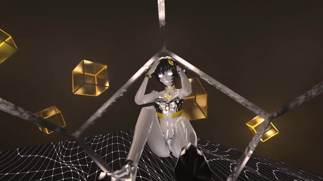 Cyberpunk girl in white latex, enclosed in a floating metal cube amid an abstract amber grid desert &mdash; a futuristic, minimalistic digital art narrative.