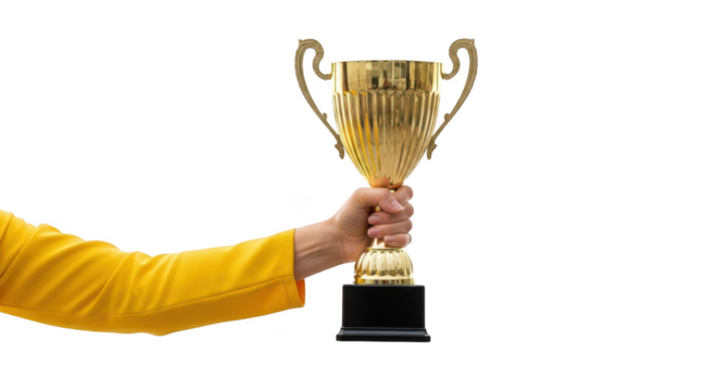 A hand in a bright yellow jacket holds a golden trophy, celebrating a victory isolated on transparent background