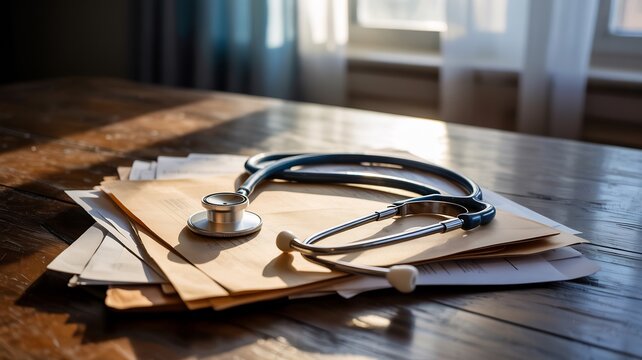 Stethoscope and medical records on wooden desk for healthcare and medical concept image use cases