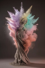 A highly detailed, high-speed shot of a mesmerizing sculpture created from a mixture of rock and sand, depicting a serene female figure engulfed in a vibrant dust explosion