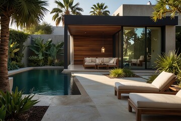 “Modern Luxury Villa with Pool, Wooden Deck, and Minimalist Architecture”