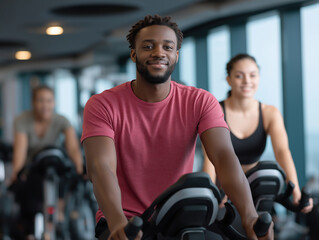 Young African American man smiling while exercising on stationary bike in modern gym, with fitness enthusiasts in background, promoting healthy lifestyle and community engagement