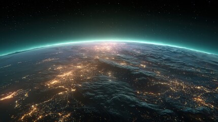 Obraz premium A breathtaking view of Earth from space at night, showing illuminated cities and a glowing horizon beneath a starry sky.