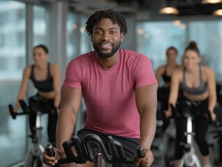 African American man in pink shirt is smiling while cycling on stationary bike in modern gym with women exercising in background, showcasing fitness and motivation