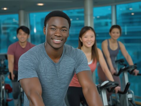 African American man smiling while cycling in a fitness studio, surrounded by diverse group of individuals engaged in exercise, showcasing a vibrant and energetic workout atmosphere