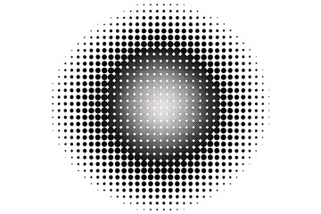 A circular halftone dot pattern with a gradient from black to white, creating a textured abstract design isolated on transparent background