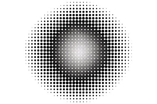A circular halftone dot pattern with a gradient from black to white, creating a textured abstract design isolated on transparent background