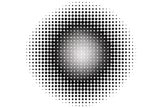 A circular halftone dot pattern with a gradient from black to white, creating a textured abstract design isolated on transparent background