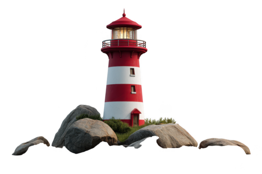 Classic red and white striped lighthouse stands tall on rocky shore