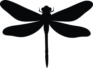 Black silhouette of a dragonfly, wings spread wide, detailed body, insect illustration.
