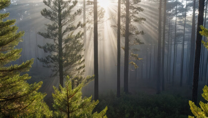 Sunbeams pierce through a misty pine forest at dawn, illuminating the tall tree trunks and creating a magical, ethereal atmosphere.
