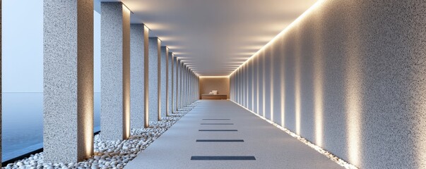 Modern Hallway with Columns and Pebble Accents, architecture , interior design