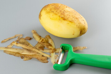Freshly peeled potato with green peeler on gray background