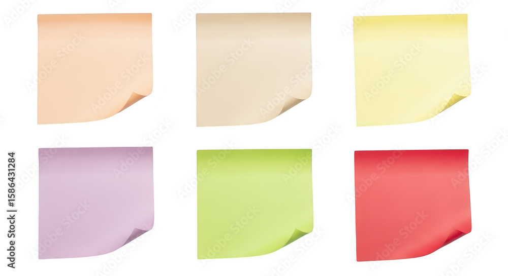 Poster six colorful sticky notes arranged in two rows, isolated on a transparent background