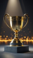 Elegant golden trophy awarded on a pedestal with soft bokeh lights