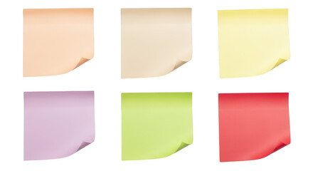 Six colorful sticky notes arranged in two rows, isolated on a transparent background