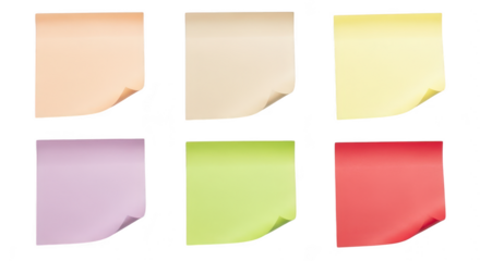 Six colorful sticky notes arranged in two rows, isolated on a transparent background