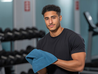 Young man with athletic build, holding a blue towel in a gym, surrounded by weights and exercise equipment, showcasing fitness lifestyle and dedication to health