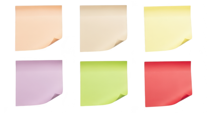 Six colorful sticky notes arranged in two rows, isolated on a transparent background
