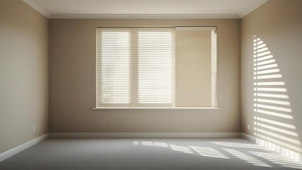 Fototapeta premium Empty room with beige walls and carpet illuminated by sunlight through blinds