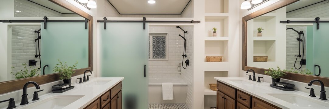 Modern bathroom design with double vanity quartz countertop and sliding glass shower door idea