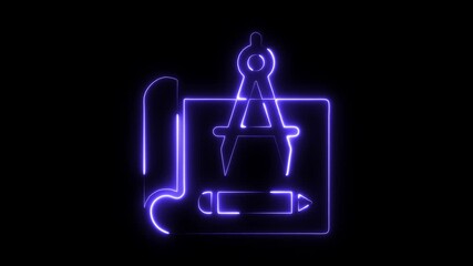 Blueprint concept with glowing neon lines showing compass and pencil on black background representing design - Powered by Adobe