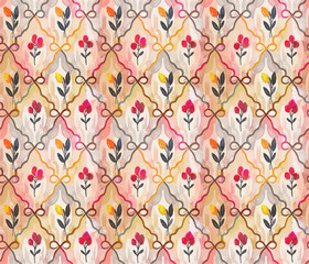 Watercolor Floral Pattern With Interconnected Diamond Shapes And Stylized Flowers.