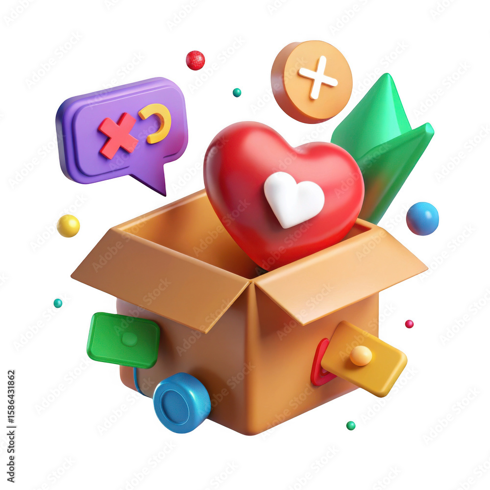 Poster 3d rendering of a cardboard box filled with various icons and shapes isolated on transparent backgro