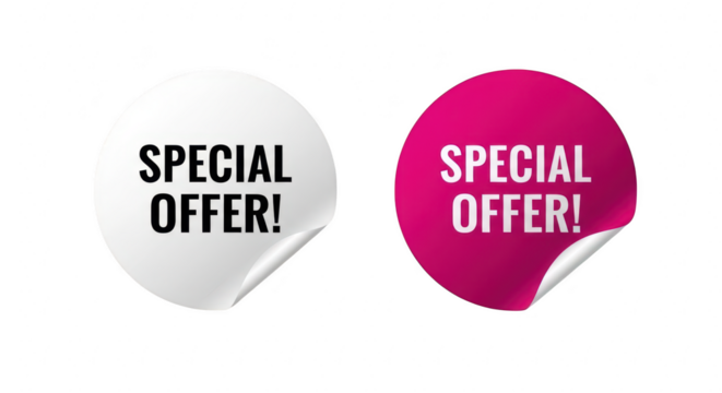 Two circular stickers, one pink and one white, both displaying the text special offer in bold letters, isolated on white isolated on transparent background