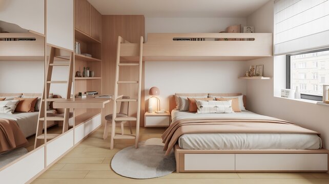 Bedroom interior design ideas: modern kids room with bunk bed and study area, stylish furniture
