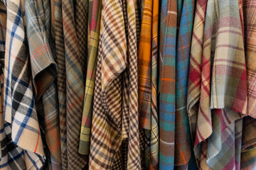 scottish scarfs in different pattern and colours