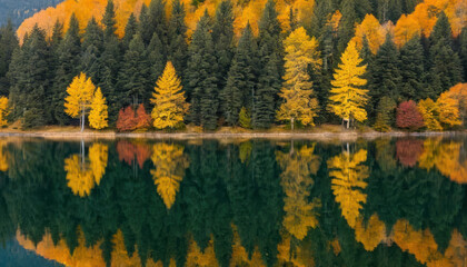 A scenic autumn landscape featuring colorful trees reflected in calm water.