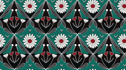 Striking pattern with white daisies and stylized dark floral motifs on a teal background, creating a symmetrical, repeating design.