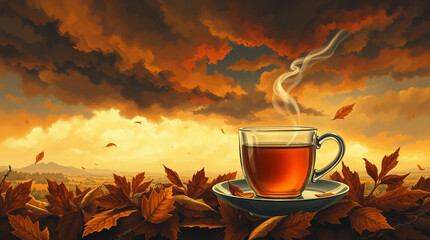 A painting of tea in warm autumn colors under an intense, dramatic stormy sky, evoking a high-tension atmosphere yet retaining an earthy coziness.