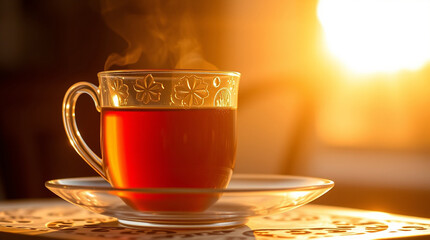 A photograph of tea in warm golden hour light, just after sunrise or before sunset, emphasizing grace, elegance, and refined features