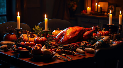 a richly detailed wooden table laden with autumn vegetables, fruits, and a roasted turkey, illuminated by warm candlelight casting deep burgundy