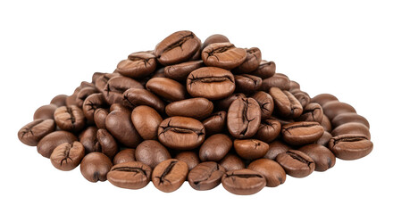 A pile of freshly roasted brown coffee beans with visible texture and aroma, isolated on a transparent background