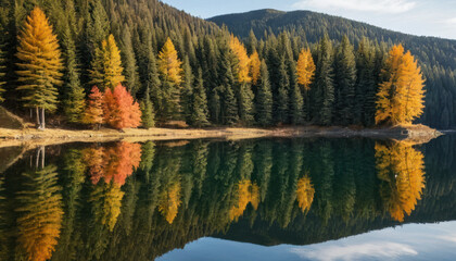 Autumn trees with colorful foliage are reflected in the calm surface of a lake surrounded by a dense forest and mountains.
