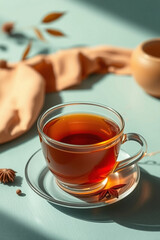 An image of tea with warm terracotta and cool teal tones, rendered in a gentle, soft light with diffused shadows and subtle illumination, emphasizing earthy and cool contrast