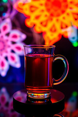 Creative light art depicting tea, artistic lighting, abstract patterns in electric vivid colors