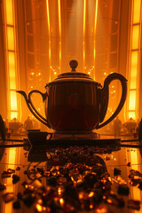 An epic, modern, futuristic scene of tea bathed in a warm, golden glow, rendered with radiant and luxurious lighting on a massive scale, incorporating heroic elements