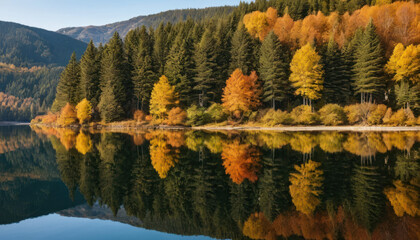 Autumnal forest reflected serenely in a calm lake, showcasing vibrant fall colors.