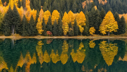 Autumnal forest reflected in a still lake, showcasing vibrant yellow and green foliage.