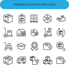 Warehouse Inventory Vector Icon Set . Symbols include boxes, trolleys, pallets, a clipboard, a warehouse building, a shield, arrows indicating rotation, and a magnifying glass.