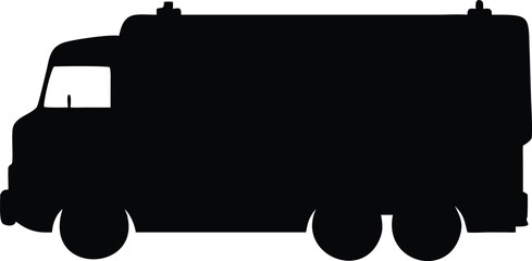 Silhouette of a delivery truck with three wheels, a large cargo area, and lights on top.