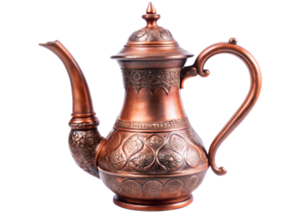 An ornate antique copper teapot with intricate traditional engravings, isolated on a clean transparent background