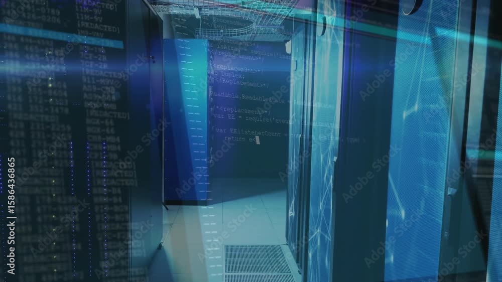 Poster horizontal beam sweeping racks initiating code scrolling and network forming visualizing data flow